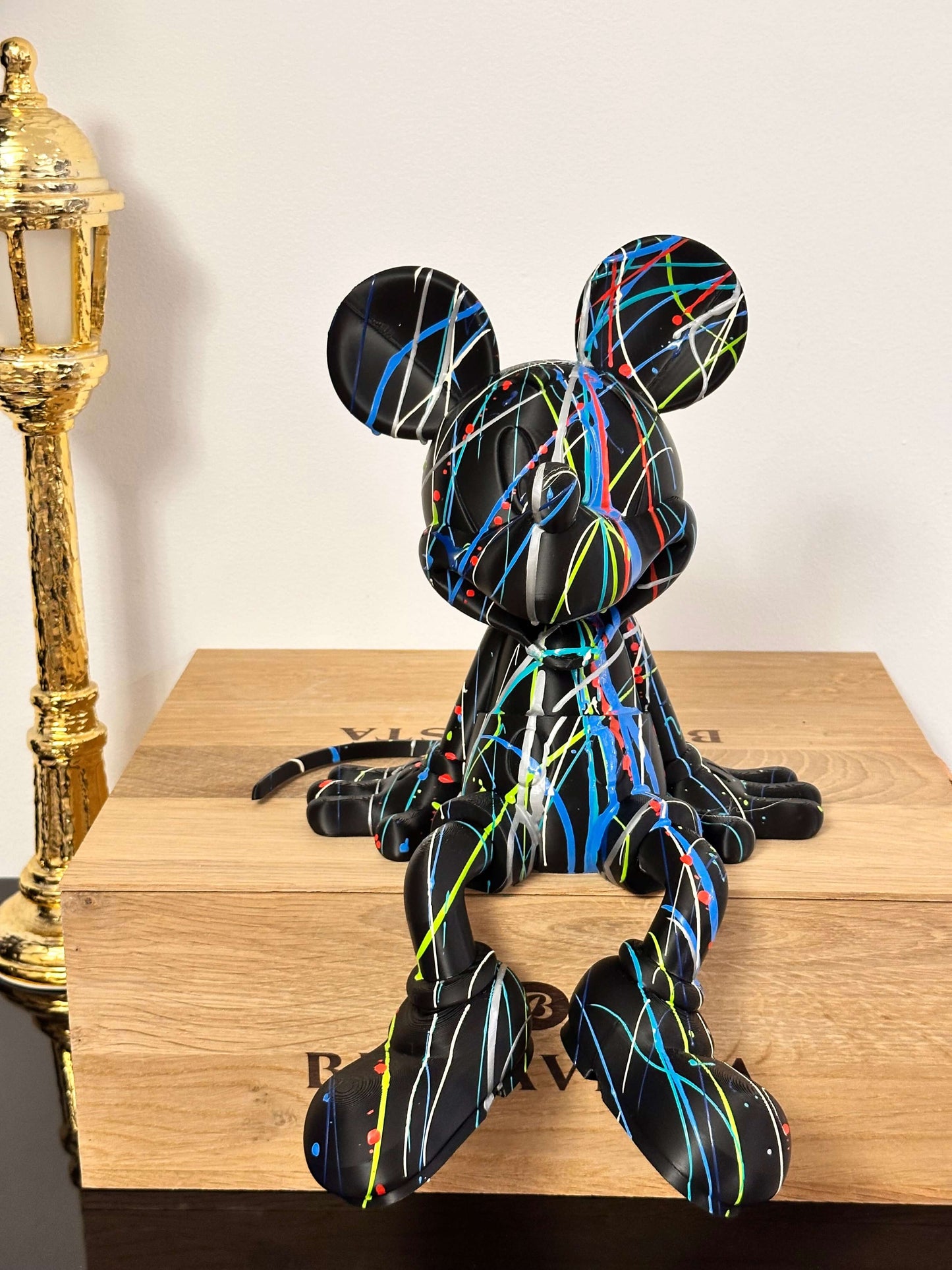 Mickey Mouse Pop Art statue, 3D printed and hand-painted, showcasing vibrant colors on a black base.