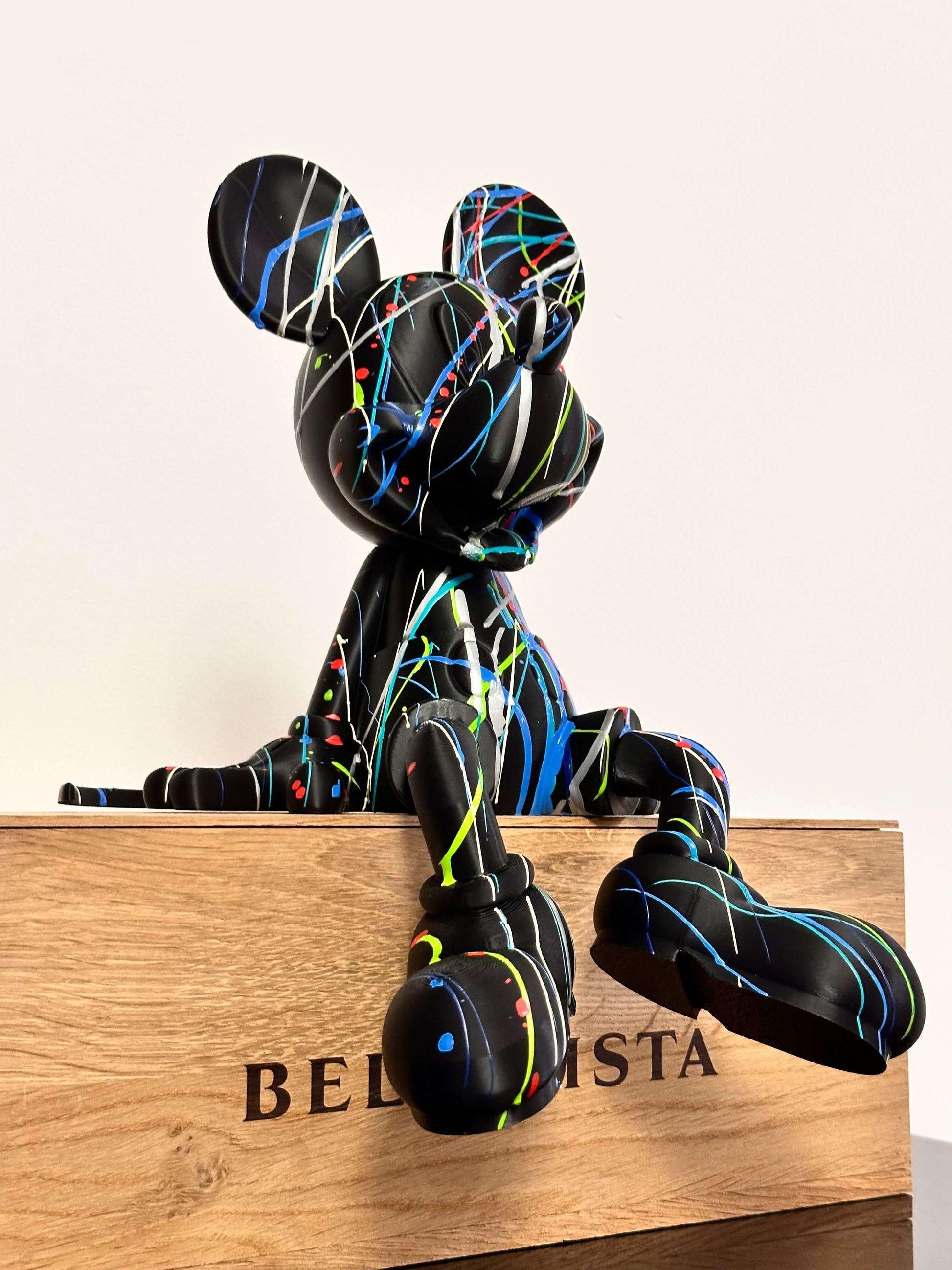 Mickey Mouse Pop Art statue in black with colorful splatters, 3D printed, handmade, unique collectible art piece.